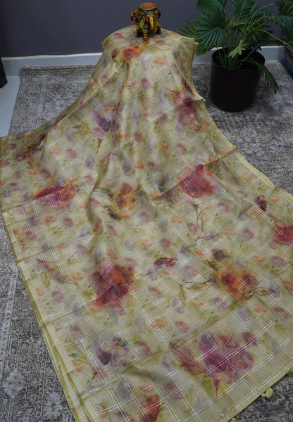 Linen Kota Saree - Light Green with Floral Prints