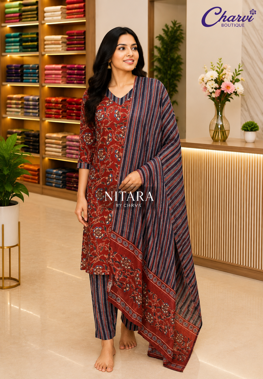 3Pc Salwar Suit with Ajrakh Print