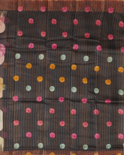 Pure Black Tussar Round Design & Self Pallu with Tissue temple Border