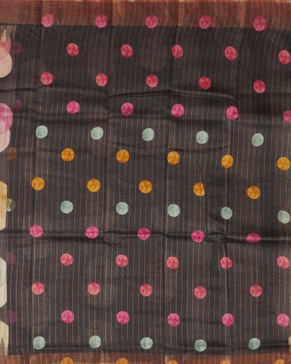 Pure Black Tussar Round Design & Self Pallu with Tissue temple Border