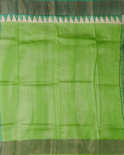 Pure Green Tussar Geomentrical Pattern With Kutch Work and Self Pallu with Tissue Border