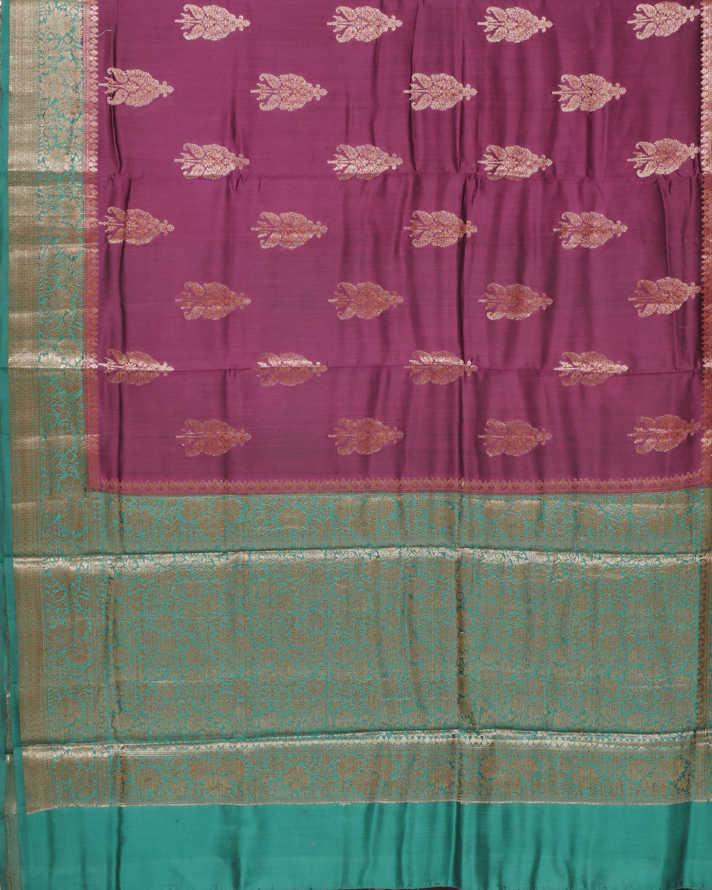 Pure Purple Banarasi Chiniya Silk and Contrast Ramar Green Pallu with Small Zari Border