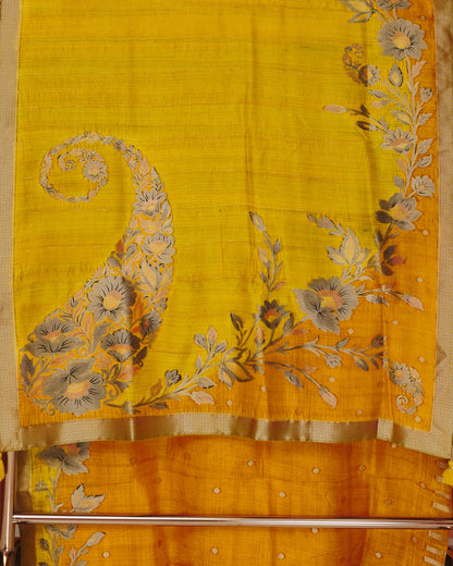 Pure Dual colour Mustard and Yellow Mix Rangkat Saree with Floral Print and Self Pallu With Small Zari Border