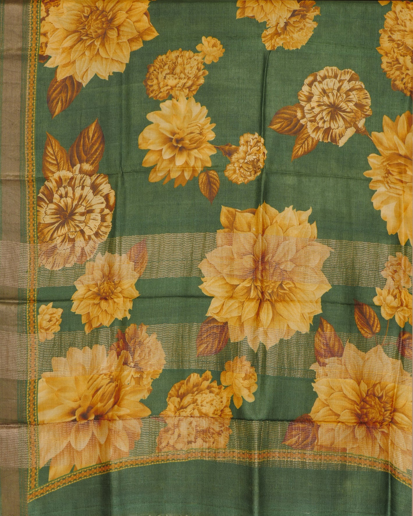 Pure Tussar Green Floral Print and Self Pallu with Zari Woven Border
