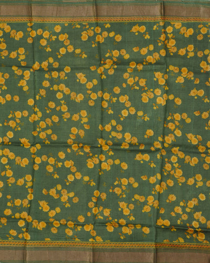 Pure Tussar Green Floral Print and Self Pallu with Zari Woven Border