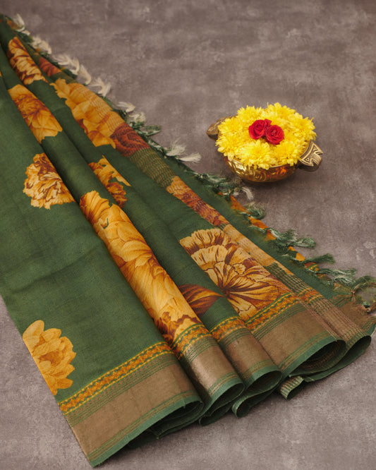 Pure Tussar Green Floral Print and Self Pallu with Zari Woven Border