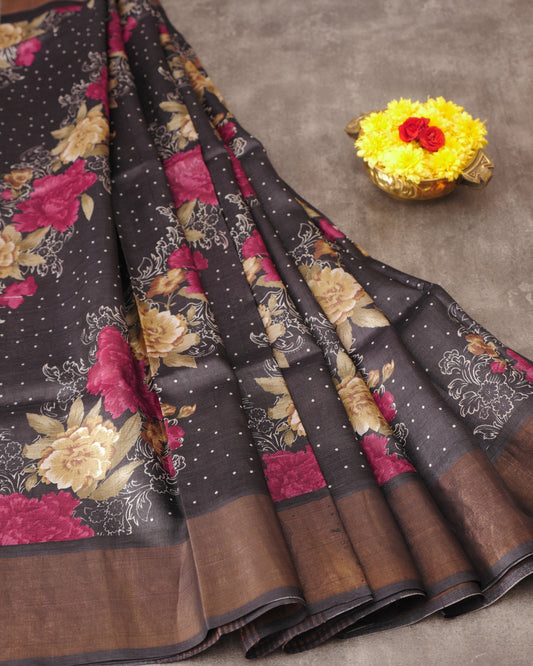 Pure Black Tussar Floral Print and Self Pallu with Tissue Border