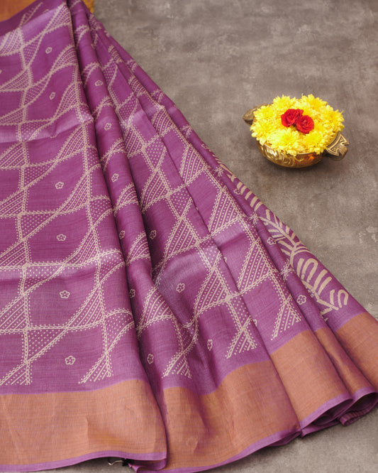 Pure Dark Lavendar Tussar Checked and Self Pallu with Tissue Border