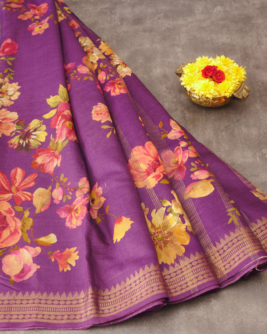 Pure Soft Tussar Floral Print and Self Pallu with Zari Butta Border