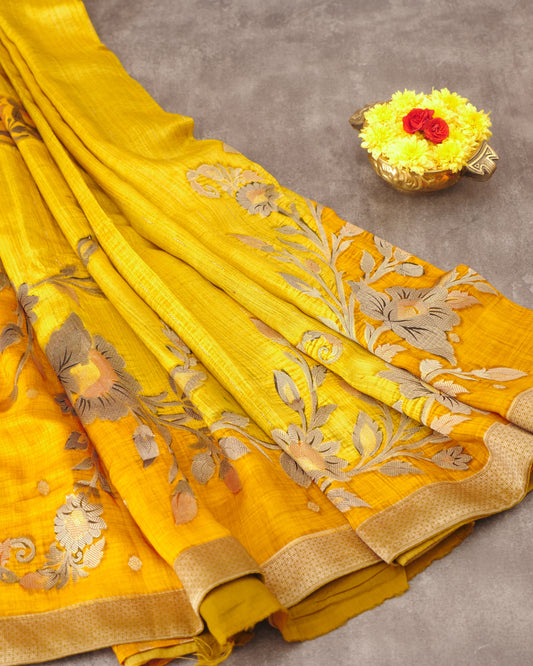 Pure Dual colour Mustard and Yellow Mix Rangot Saree with Floral Print and Self Pallu With Small Zari Border