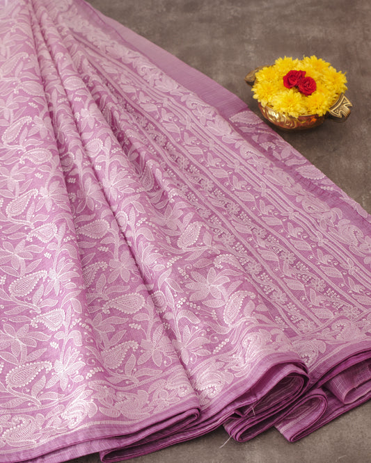 Pure Lavender Kota Chikankari Saree and Self Pallu with Chikankari work border