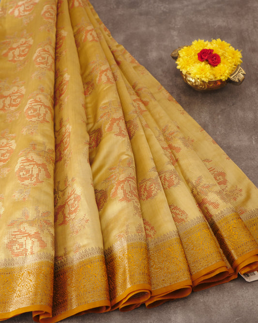 Pure Sandal Banarasi Chinniya Silk and Contrast Mustard Pallu with Small Zari Border