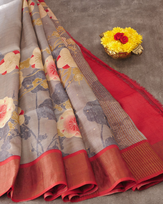 Pure Grey Tussar With Kutch Work Floral Print and Self Pallu with Tissue Border