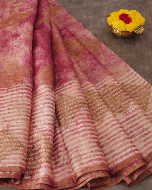 Pure Onion Pink  Matka Tussar with Zari print and self Pallu with Small Zari Woven Border
