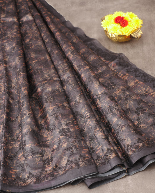 Pure Tussar Elephant Grey Floral print with Embroidery and Self Pallu with small Embroidery Border
