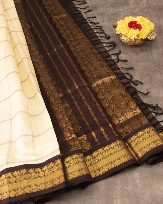 Pure Korvai White Checks Silk Cotton Saree and Brown Pallu with Butta Zari Border
