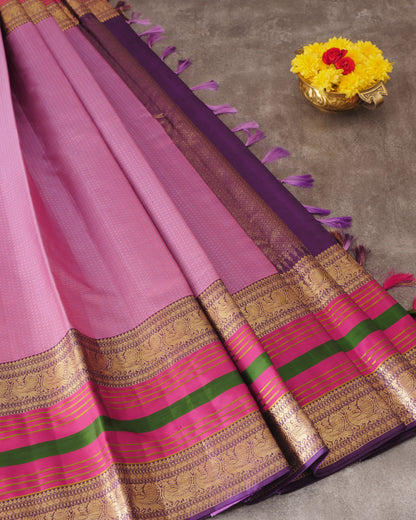 Pure Kanjivaram Saree Onion Purple Half Gold Silk Saree and Contrast Purple  Rich Pallu With Long Annam Butta with Line  Zari Boder