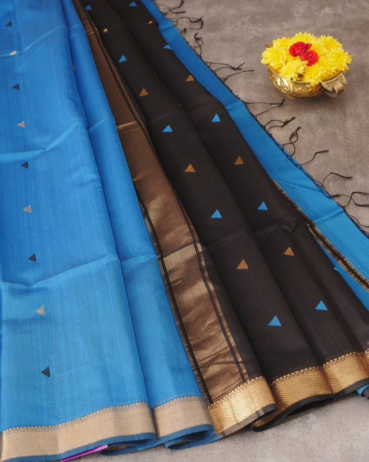 Pure Turquoise blue Butta and Contrast Black Chit Pallu with Small Zari Woven Border