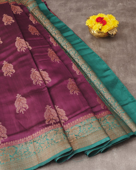 Pure Purple Banarasi Chiniya Silk and Contrast Ramar Green Pallu with Small Zari Border