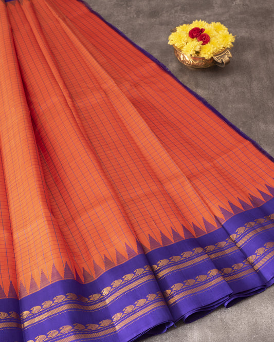 Pure Orange Gadwal Silk and Blue Pallu with Zari Woven Border