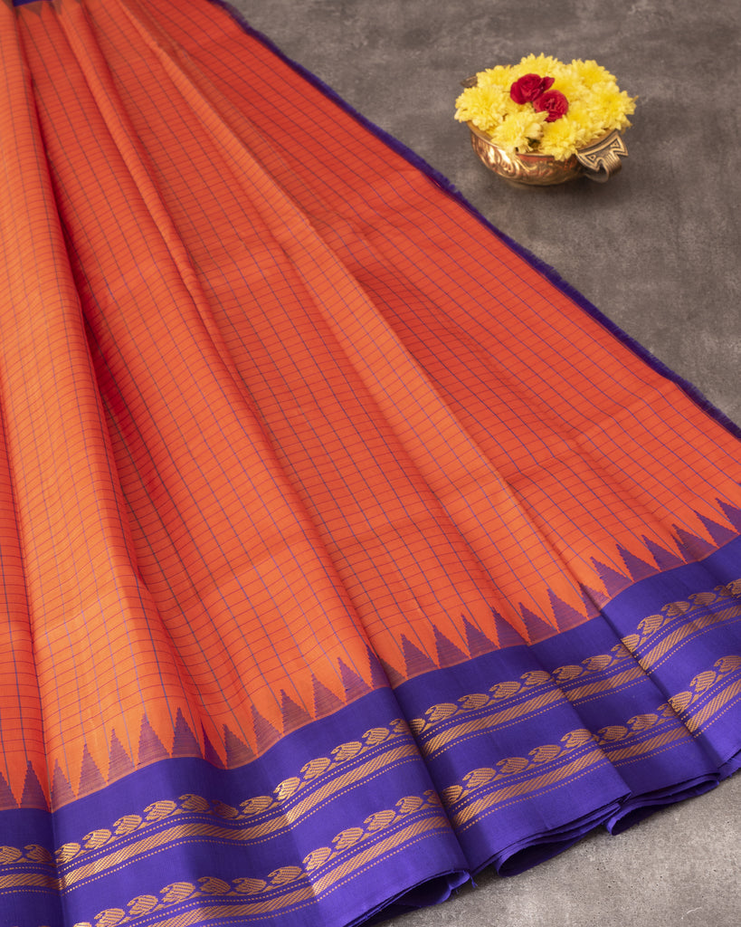 Pure Orange Gadwal Silk and Blue Pallu with Zari Woven Border