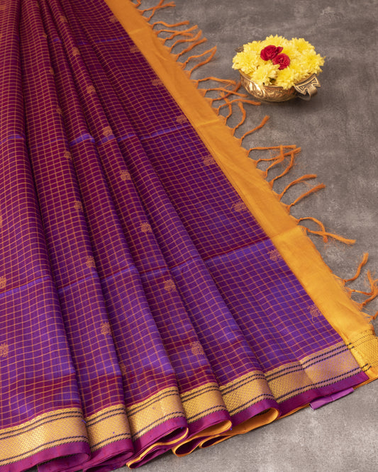 Pure Kalasethra Voilet Annam Butta and Mustard Pallu with Thread Woven Border