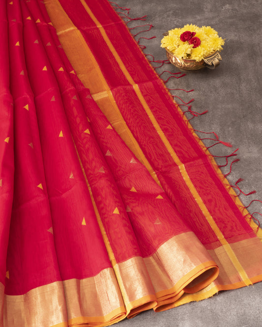 Pure Red Maheswari Butta and Chit Pallu with Tissue Zari Border
