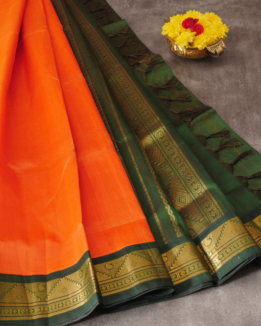 Pure Korvai Vairavoosi Orange Silk Cotton Saree and Green Pallu with Temple Zari Border