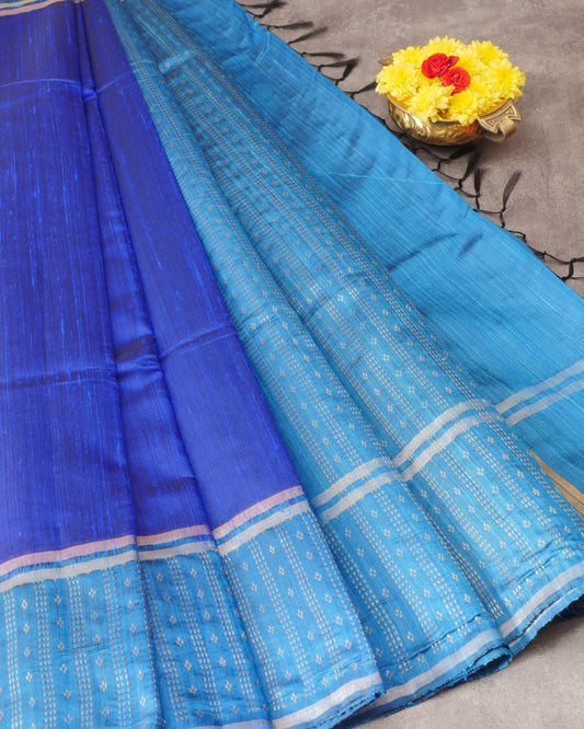 Pure Royal Blue Dupion Raw Silk and Contrast Ramar Blue Pallu with Big Butta Border