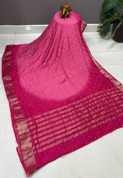Banarasi Bandeji Saree-Pink in Horizontal Stripe Zari Border