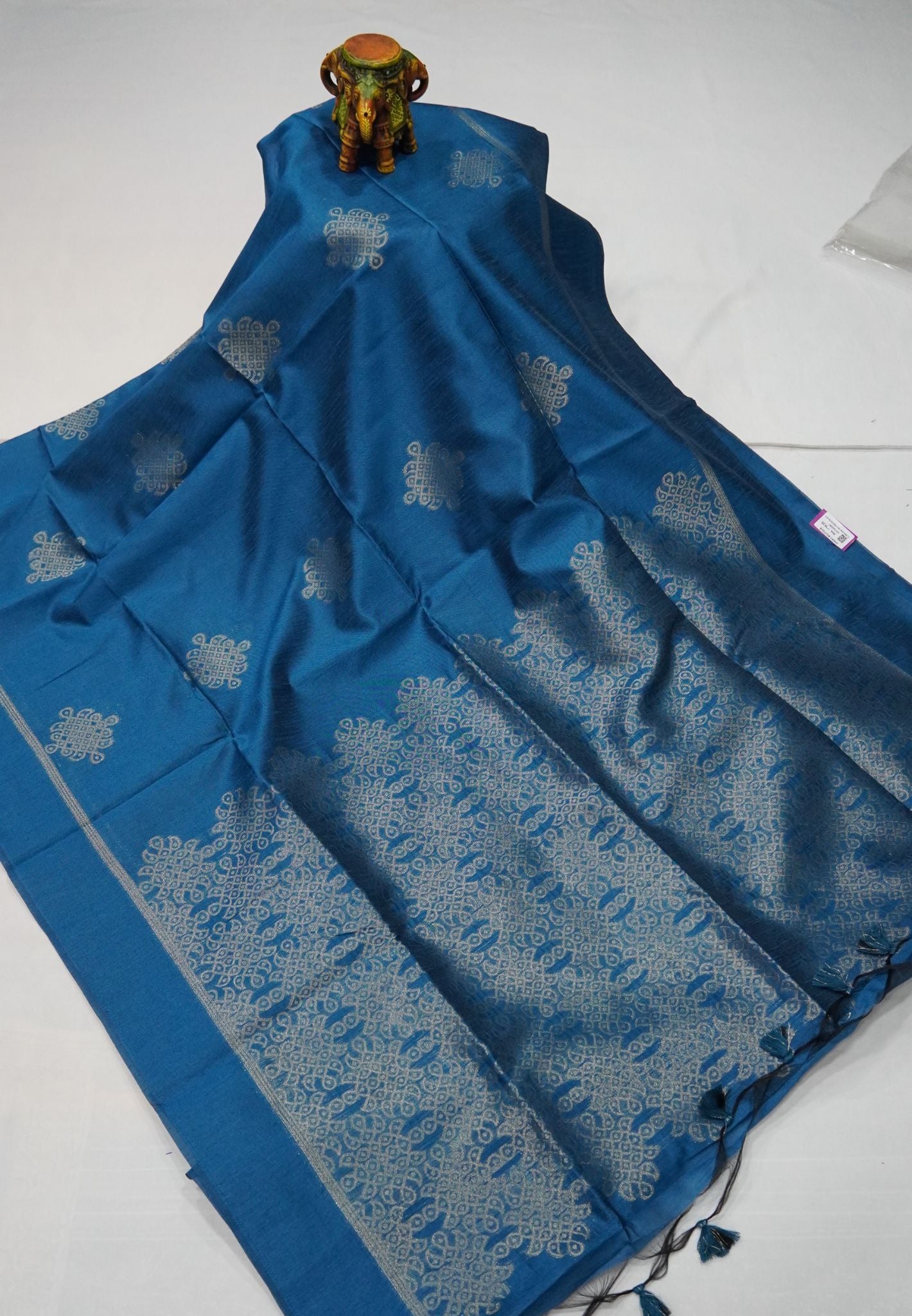 Semi Raw Silk Saree -Peacok Blue in Kolam Pattern