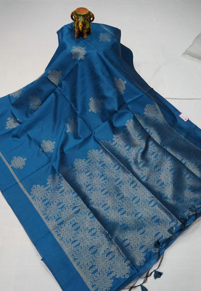 Semi Raw Silk Saree -Peacok Blue in Kolam Pattern