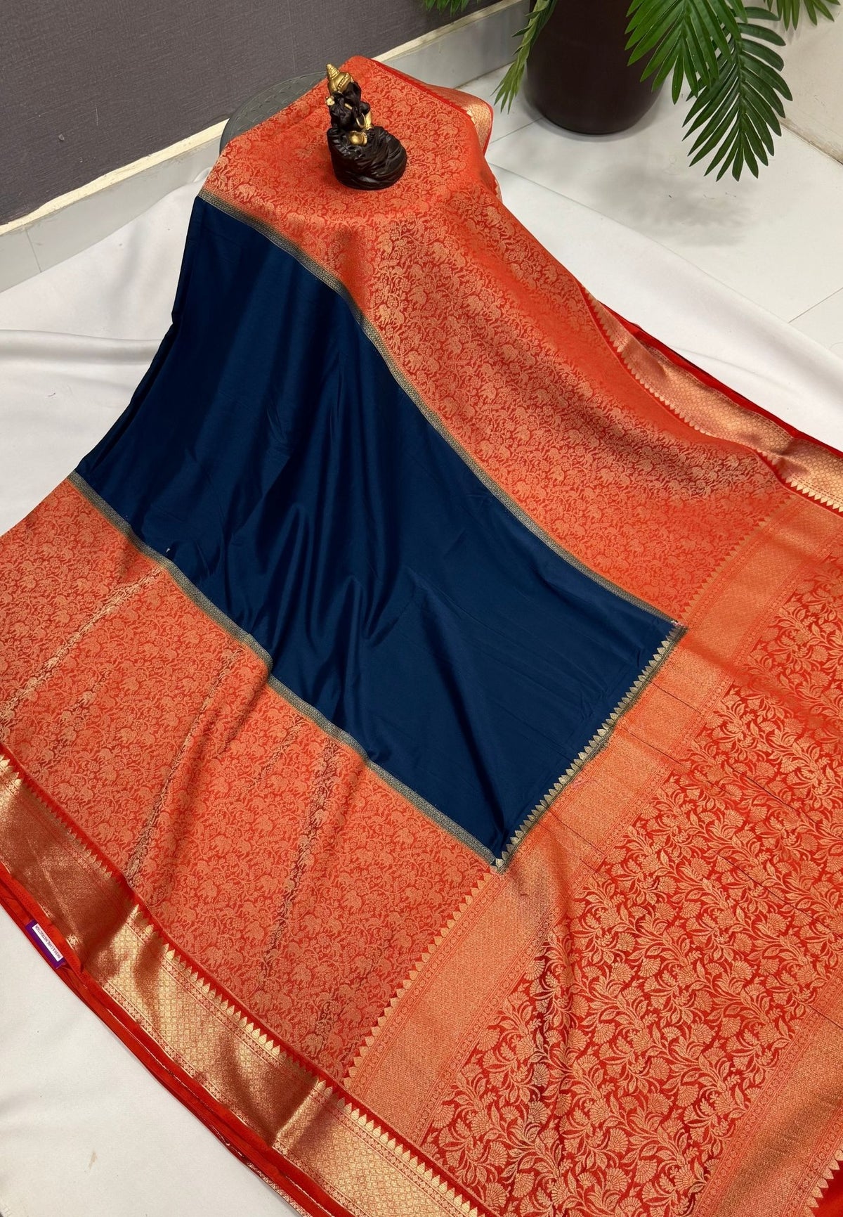 Art Mysore Silk Saree-Peacock Blue-Orange In Floral Zari With Contrast Border