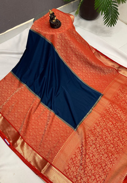 Art Mysore Silk Saree-Peacock Blue-Orange In Floral Zari With Contrast Border