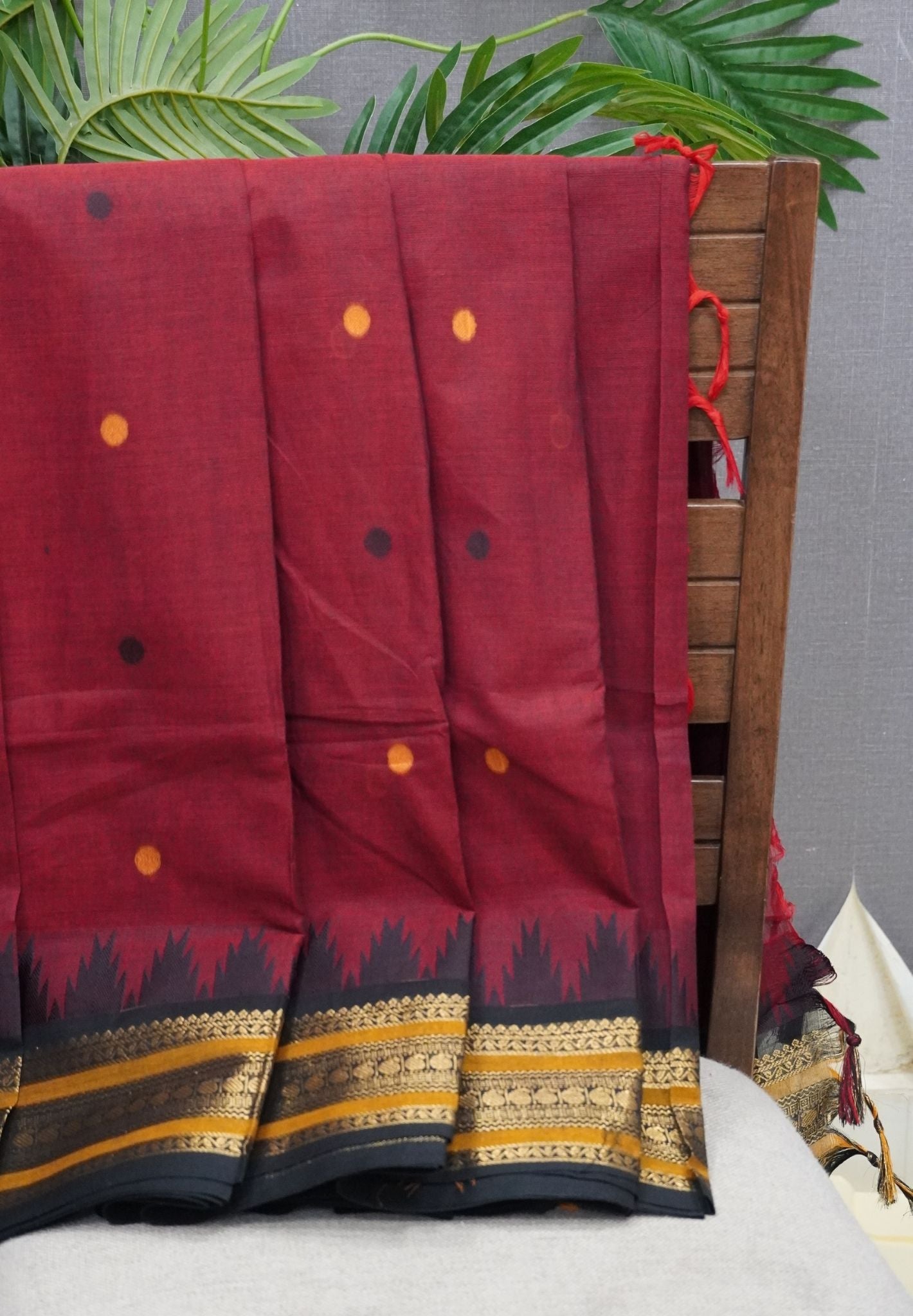 Chettinad Cotton Saree–Maroon with Temple Zari Border