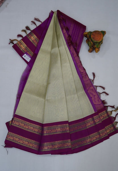 Pure Silk Cotton Saree- Elachi Green with Magenta in Vairaoosi