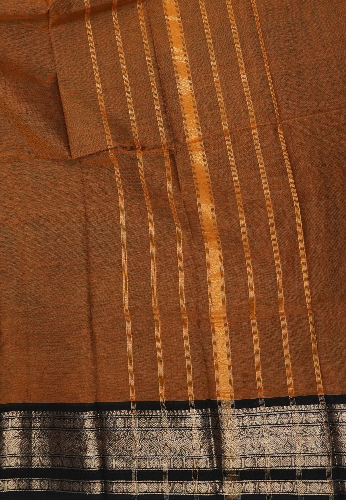 Kanchi Cotton Saree-Dark Mustard-Black With Zari Border