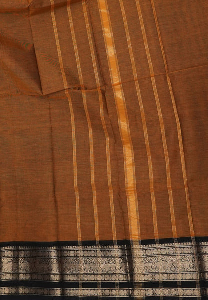 Kanchi Cotton Saree-Dark Mustard-Black With Zari Border