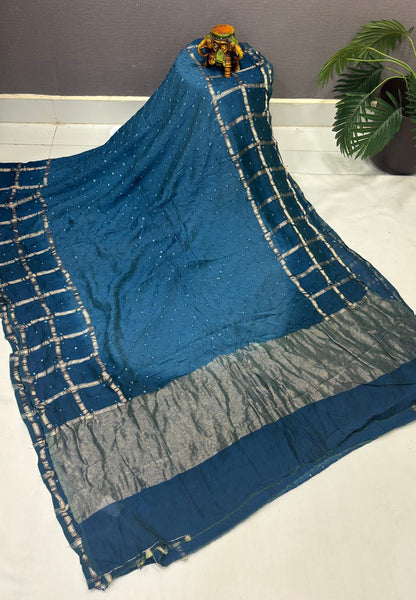 Banarasi Bandeji Saree-Peacock Blue in Zari Checks Border