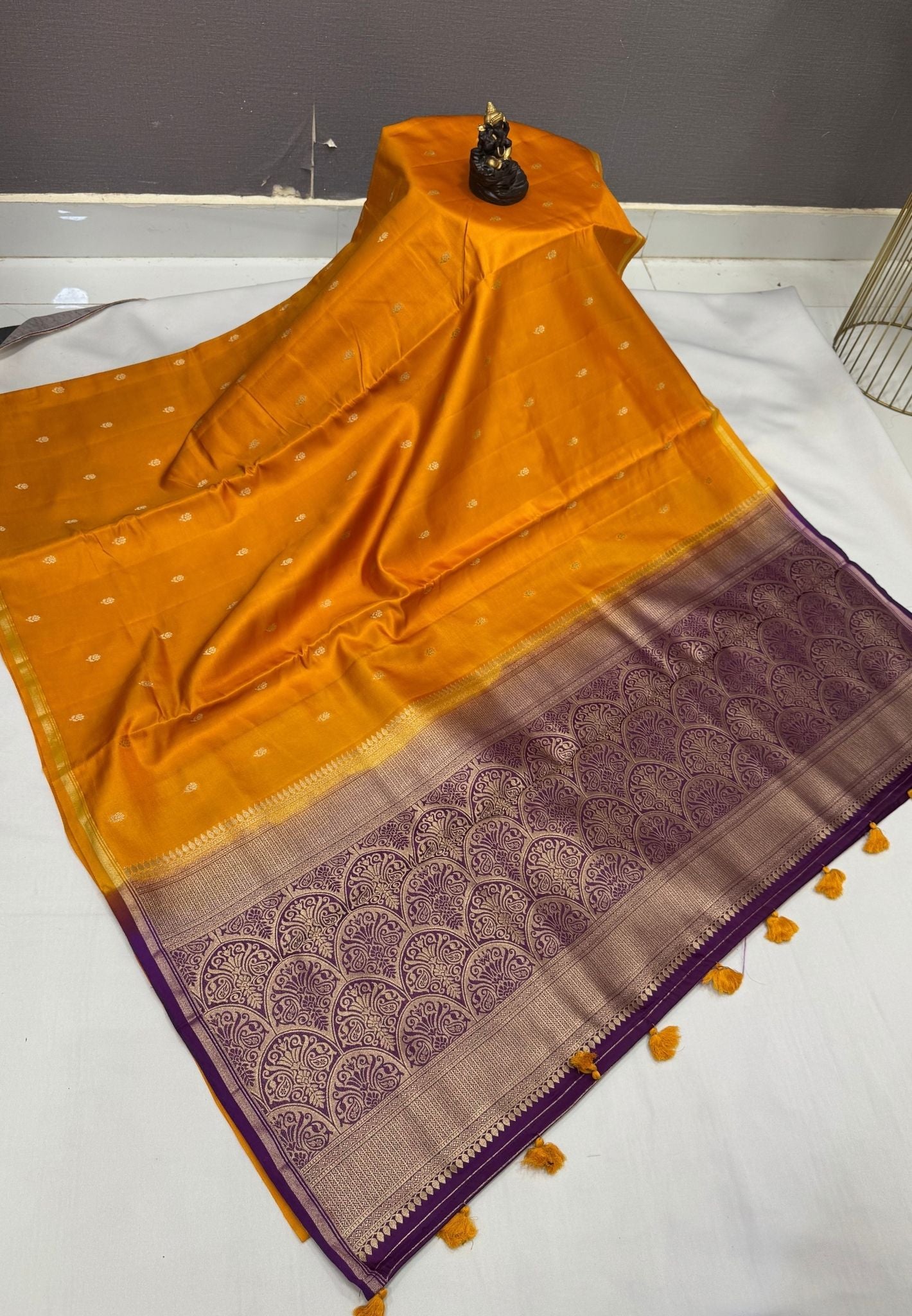 Gaji Silk Saree-Turmeric Yellow In Paisley Jaal Zari Border