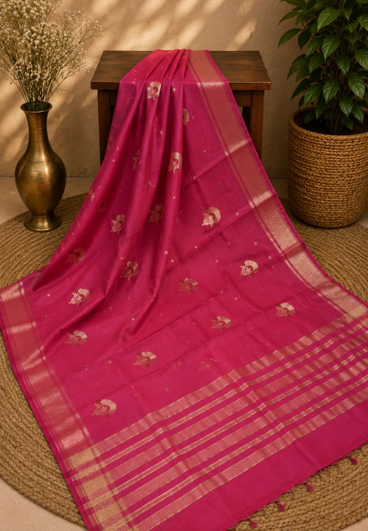 Semi Tussar Saree-Pink with Floral Zari Motif