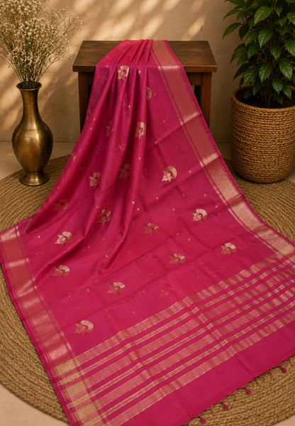Semi Tussar Saree-Pink with Floral Zari Motif