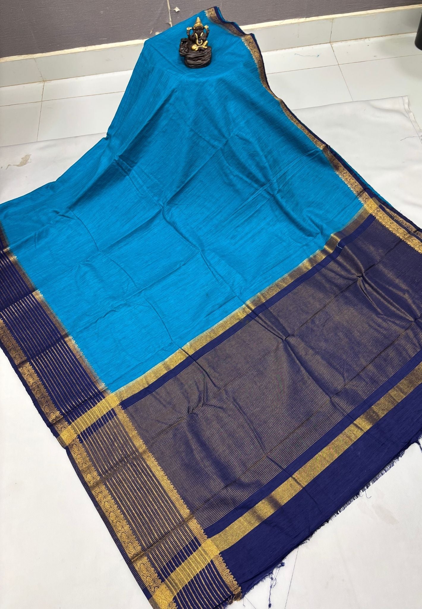 Raw Silk Saree-Ramar Blue With Contrast Border