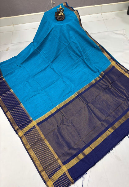 Raw Silk Saree-Ramar Blue With Contrast Border