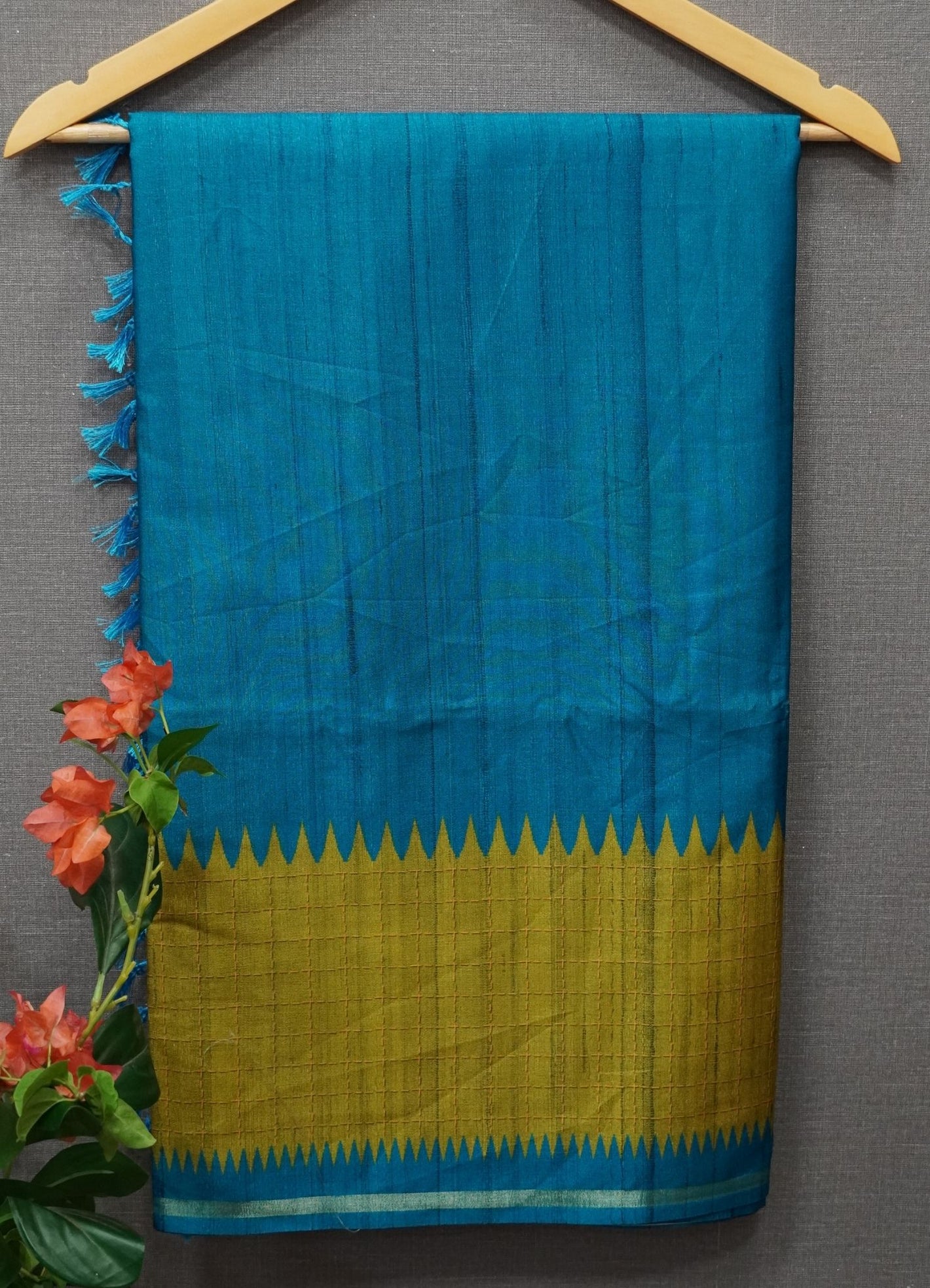 Semi Tussar Saree – Ramer Blue & Olive Green Checks Design