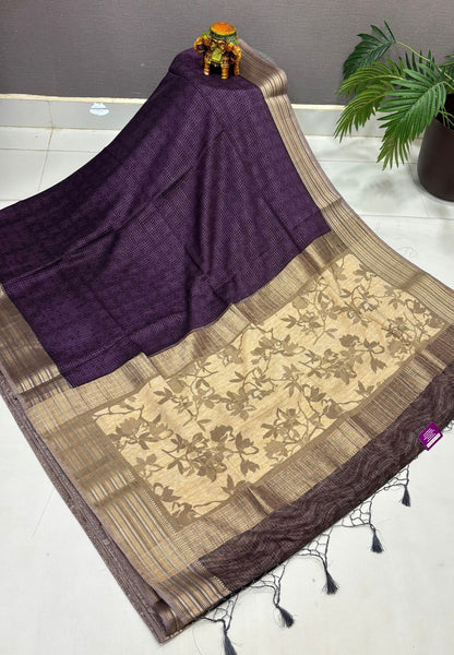 Muslin Tussar Saree-Purple In Floral Vine Border