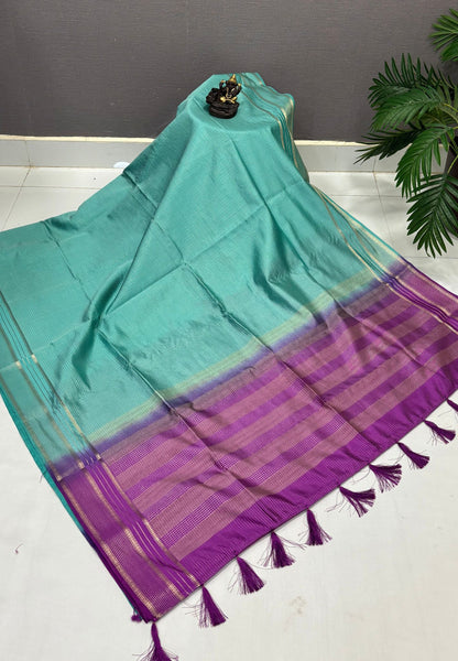 Mulberry Silk Saree-Sea Blue In Striped Zari With Contrast Border
