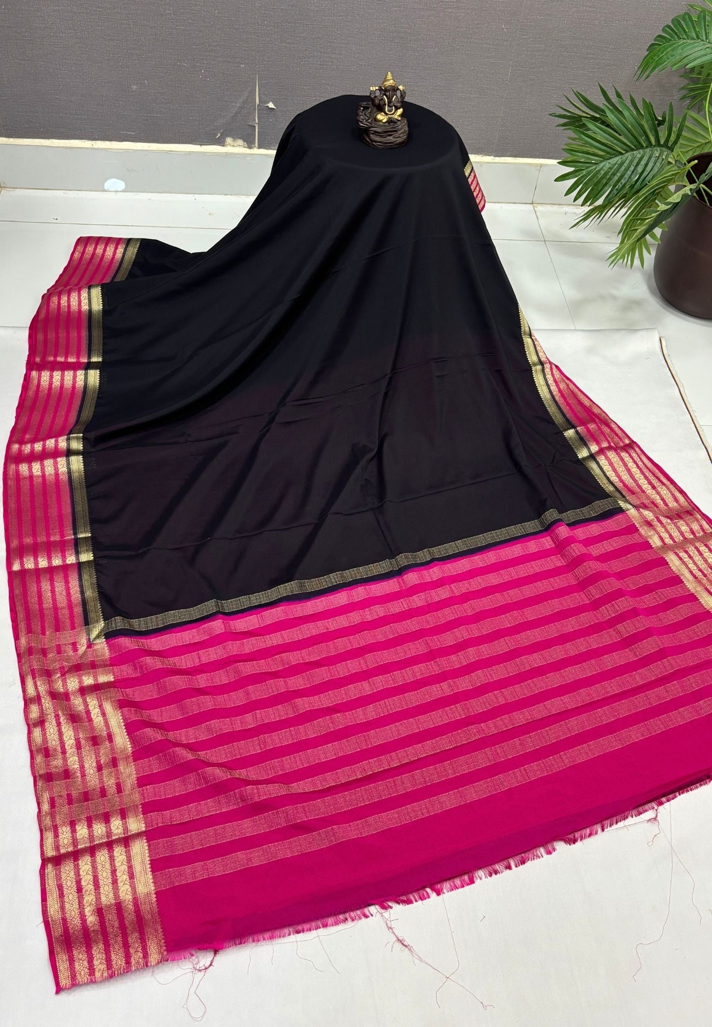 Mysore Crepe Silk Saree-Black-Pink With Contrast Border