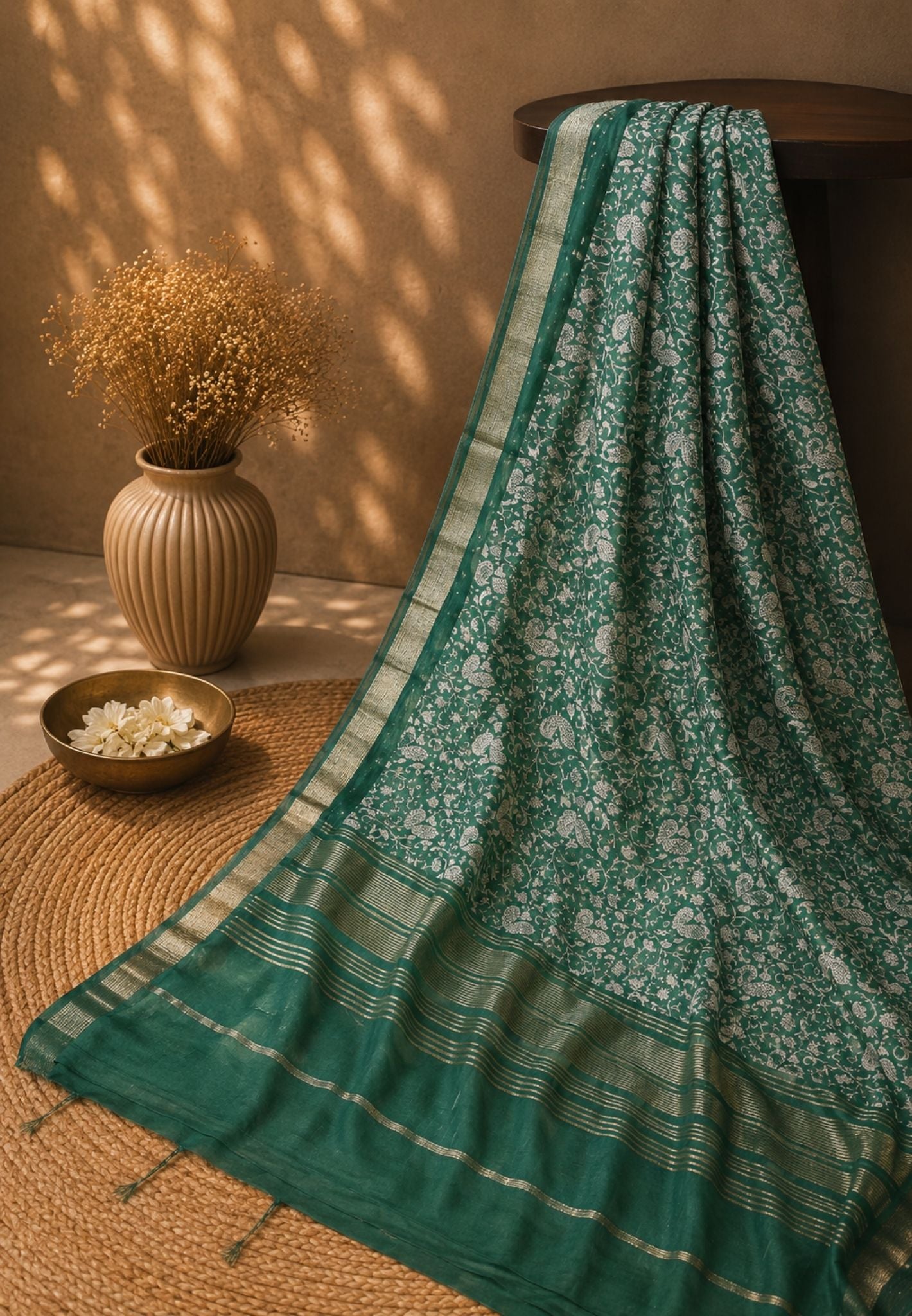 Semi Dola Saree-Green in Floral Print and Sequence Work