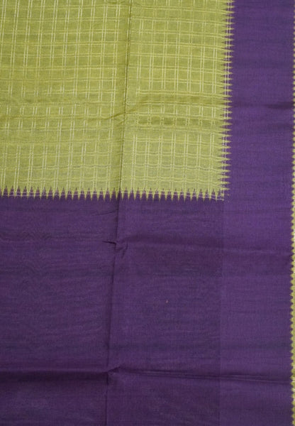 Semi Matka Tussar Saree-Light Green with Contrast Border and Zari Checks